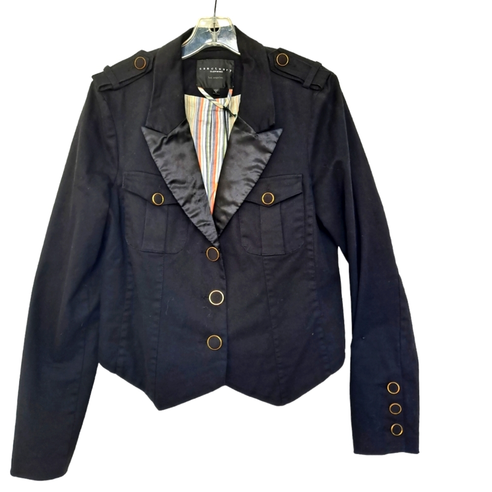 Sanctuary Clothing Black Three Button Military Style Cropped Blazer Jacket szL